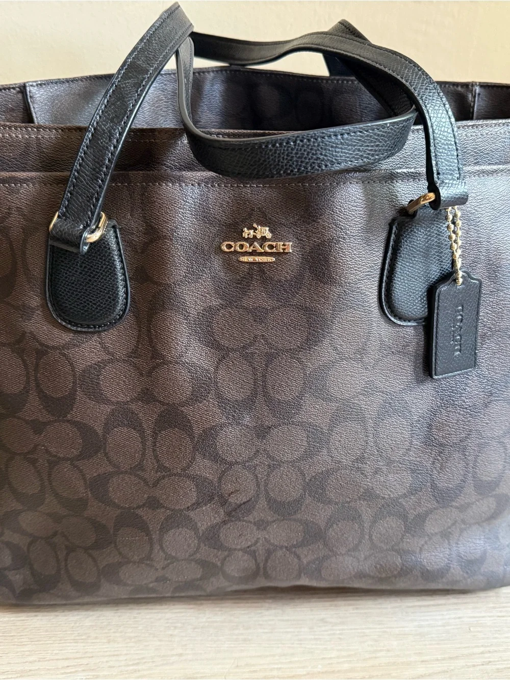 Coach Brown Signature Monogram Tote with Black Trim